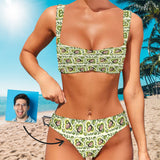 Custom Face Green Color Leaves Bikini Personalized Women's Wide Shoulder Straps High Waist Bikini Set