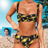 Custom Face Golden Shining Line Bikini Personalized Women's Wide Shoulder Straps High Waist Bikini Set