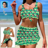 Custom Face Green Bikini Set Personalized Drawstring Chest Strap Bikini Skirt