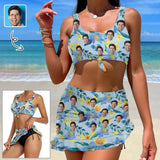 Custom Face Leaves Bikini Set Personalized Drawstring Chest Strap Bikini Skirt