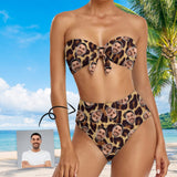 Custom Face Leopard Print Strapless Bow Top High Waist Bikini Bottom 2-Piece Set Bathing Suit