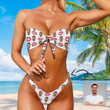 Custom Face Pink Heart Strapless Bow Top Low Waist Bikini Bottom 2-Piece Set Bathing Suit