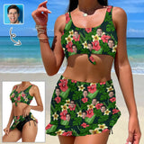 Custom Face Tropical Flower Bikini Set Personalized Drawstring Chest Strap Bikini Skirt