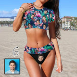 Custom Face Tropical Flowers Short Sleeve Crew Neck Bikini Personalized Women's Two Piece Swimsuit Beach Outfits