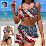 Custom Face USA Flag Bikini Set Personalized Drawstring Chest Strap Bikini Skirt