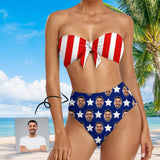 Custom Face USA Flag Style Strapless Bow Top High Waist Bikini Bottom 2-Piece Set Bathing Suit
