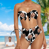 Custom Face White and Black Strapless Bow Top High Waist Bikini Bottom 2-Piece Set Bathing Suit