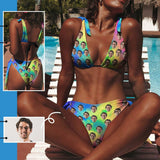 Custom Face Rainbow Deep V Neck Tie Side Low Waisted Triangle Bikini Personalized Bathing Suit Women's Two Piece Swimsuit Summer Beach Pool Outfits