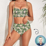 Custom Face Green Leaf And Flowers High Waist Bikini Personalized Two-piece Swimsuit
