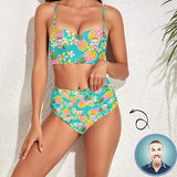 Custom Face Pineapple Lily Flowers High Waist Bikini Personalized Two-piece Swimsuit