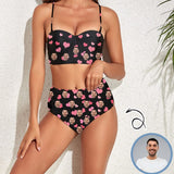 Custom Face Pink Heart Black High Waist Bikini Personalized Two-piece Swimsuit