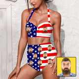 Custom Face Stars and Stripes Strap Personalized Two-piece Bikini Swimsuit