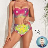Custom Face Tie-dye Style Bright Color High Waist Bikini Personalized Two-piece Swimsuit