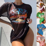 Women's Bikini Set With Mesh Cover Up Loose Top Coconut Trees 3-Pieces Triangle Bikini Mesh Swimsuits