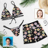 Couple Matching Colorful Flowers Black Swimwear Custom Face Women's Two-Pieces Triangle Bikini Set & Men's Swim Shorts