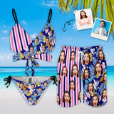 Custom Face Flowers Striped Couple Matching Swimwear Personalized Women's Halter Straps Bikini Set & Men's Swim Shorts For Summer Beach Vacation