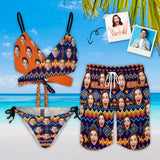 Custom Face Geometry Couple Matching Swimwear Personalized Women's Halter Straps Bikini Set & Men's Swim Shorts For Summer Beach Vacation