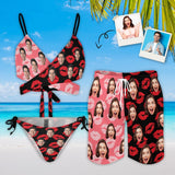 Custom Face Lips Couple Matching Swimwear Personalized Women's Halter Straps Bikini Set & Men's Swim Shorts For Summer Beach Vacation