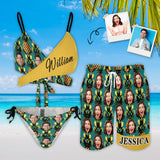 Custom Face&Name Pineapple Couple Matching Swimwear Personalized Women's Halter Straps Bikini Set & Men's Swim Shorts For Summer Beach Vacation