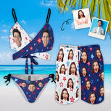 Custom Face Stars Couple Matching Swimwear Personalized Women's Halter Straps Bikini Set & Men's Swim Shorts For Summer Beach Vacation
