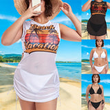 Plus Size Women's Bikini Set With Drawstring Mesh Cover Up Coconut Trees 3-Pieces Triangle Bikini Mesh Swimsuits