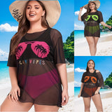 Plus Size Women's Bikini Set With Loose Mesh Cover Up Coconut Trees 3-Pieces Bikini Mesh Swimsuits