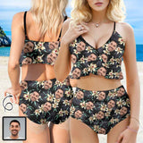 Custom Face Bikini Plant Flowers V Neck Flounce High Waisted Bikini Personalized Bathing Suit Women's Two Piece Ruffle Hem Swimsuit Summer Beach Pool Outfits