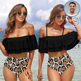 Custom Face Leopard Print Black Women's Two-Piece Off Shoulder or Sling 2 Ways to Wear Ruffle High Waisted Bikini Set