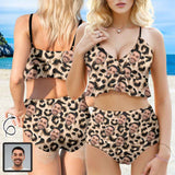 Custom Face Leopard V Neck Flounce High Waisted Bikini Personalized Bathing Suit Women's Two Piece Ruffle Hem Bikini Swimsuit Summer Beach Pool Outfits