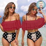 Custom Face Polka Dots Design Red Women's Two-Piece Off Shoulder or Sling 2 Ways to Wear Ruffle High Waisted Bikini Set