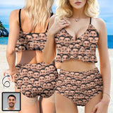 Custom Face Seamless V Neck Flounce High Waisted Bikini Personalized Bathing Suit Women's Two Piece Ruffle Hem Bikini Swimsuit Summer Beach Pool Outfits