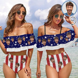Custom Face Stars Stripe Women's Two-Piece Off Shoulder or Sling 2 Ways to Wear Ruffle High Waisted Bikini Set