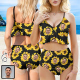 Custom Face Sunflower V Neck Flounce High Waisted Bikini Personalized Bathing Suit Women's Two Piece Ruffle Hem Bikini Swimsuit Summer Beach Pool Outfits