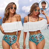 Custom Face Tropical Rainforest Leaves White Women's Two-Piece Off Shoulder or Sling 2 Ways to Wear Ruffle High Waisted Bikini Set