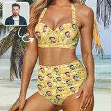 Custom Face Yellow Halterneck String Bandeau Bikini Personalized High Waist Two-piece Bikini Swimsuit