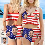 [New Star] Custom Face Flag V Neck Flounce High Waisted Bikini Personalized Bathing Suit Women's Two Piece Ruffle Hem Bikini Swimsuit Summer Beach Pool Outfits