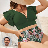 #Plus Size Custom Face Flowers Tropical Plants Women Ruffle High Waisted Flounce Bikini Set Two Pieces Swimsuit Beachwear
