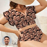 #Plus Size Custom Seamless Face Women Ruffle High Waisted Flounce Bikini Set Two Pieces Swimsuit Beachwear
