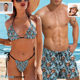 Custom Face Blue Flowers Couple Matching Swimsuit Women's Triangle Bikini Bathing Suit Men's Swim Shorts