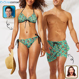 Custom Face Green Pineapple Couple Matching Swimsuit Women's Two-Piece Triangle Bikini Bathing Suit Men's Swim Shorts