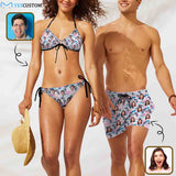 Custom Face Tropical Tree Couple Matching Swimsuit Women's Two-Piece Triangle Bikini Bathing Suit Men's Swim Shorts
