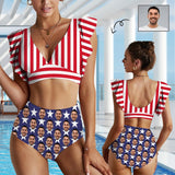 Custom Face American Flag Women Ruffle High Waisted Flounce Bikini Set Two Pieces Swimsuit Beachwear