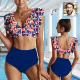 Custom Face American Falg Blue Women Ruffle High Waisted Flounce Bikini Set Two Pieces Swimsuit Beachwear