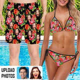 Custom Face Red Big Flowers Couple Matching Swimsuit Women's Bikini Men's Quick Dry Swim Shorts