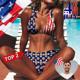 Custom Face USA Flag Deep V Neck Tie Side Low Waisted Triangle Bikini Personalized Bathing Suit Women's Two Piece Swimsuit Summer Beach Pool Outfits