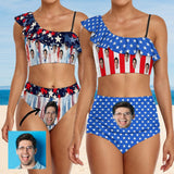 Custom Face American Flag Bikini Top&Bottom Off Shoulder Ruffle Bikini Top High Waisted Bikini Bottom