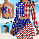 Custom Face American Flag Bikini Top&Bottom Women's Swim Skirt With Bottom Long Sleeve Zip Top