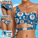 Custom Face Blue Flowers Bikini Top&Bottom One Shoulder Bikini Top Split Bikini