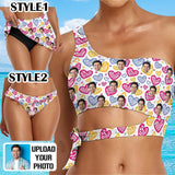 Custom Face Love Heart Bikini Top&Bottom One Shoulder Bikini Top Split Bikini