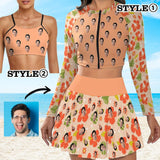 Custom Face Orange Flowers Bikini Top&Bottom Women's Swim Skirt With Bottom Long Sleeve Zip Top